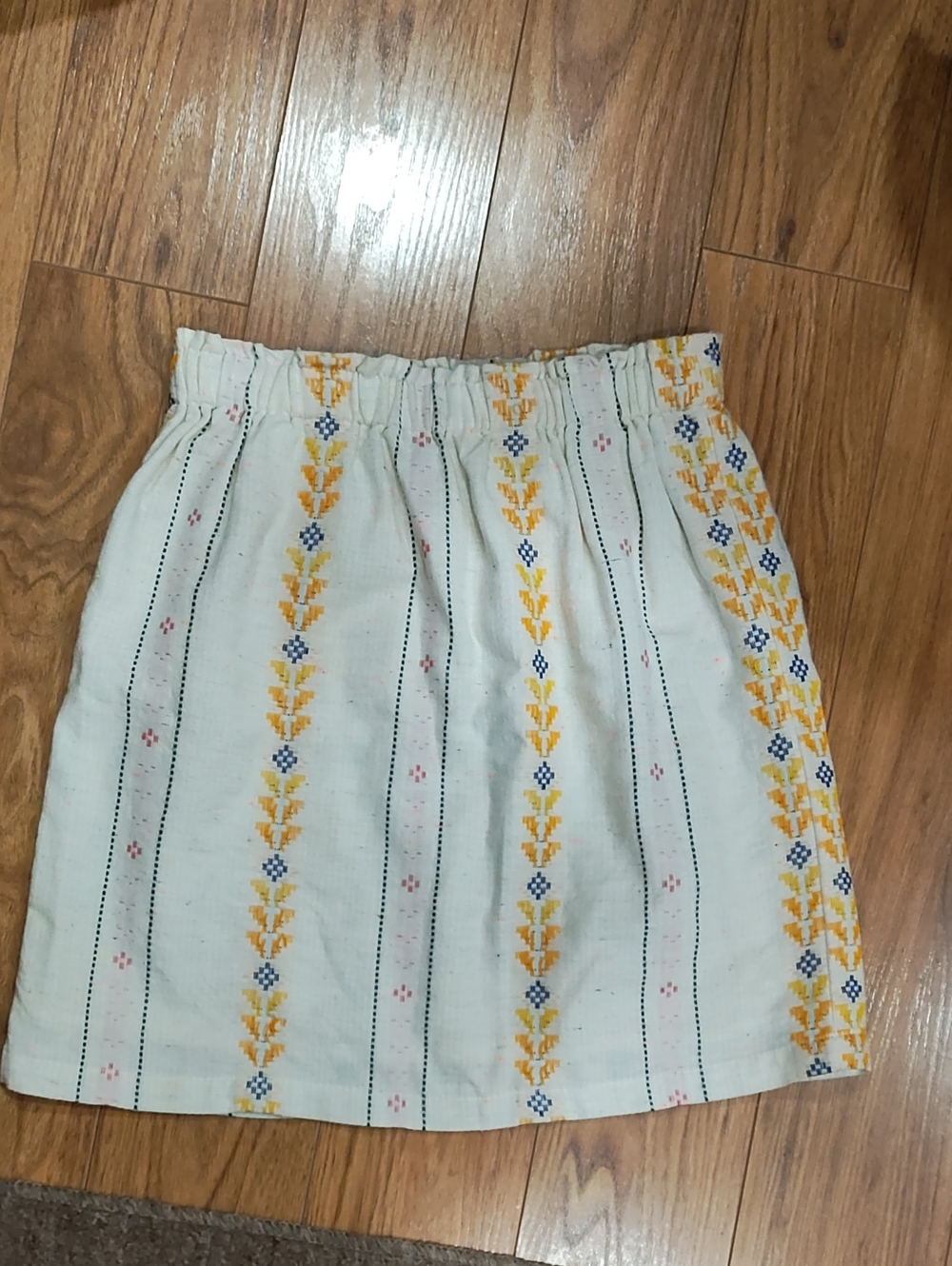 En Creme White Mini Skirt with Yellow and Blue Embroidered Stripes